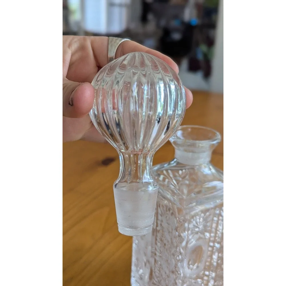 Vintage Clear Cut Crystal Square Decanter with Ribbed Stopper Starburst Pattern